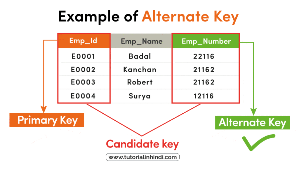 Alternate Key In DBMS In Hindi with Example Tutorial In Hindi